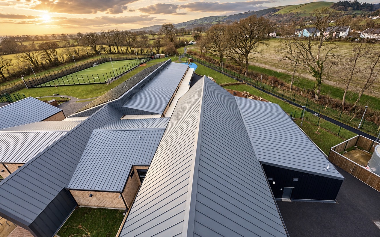 Standing seam roofs from above, with the valley and the sports pitch beyond